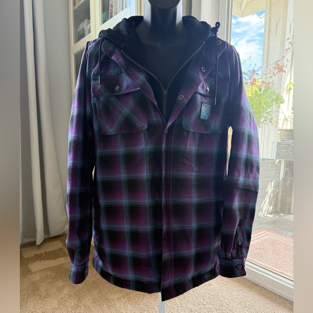 DIXXON Men's Mystic Black and Purple Plaid Shirt Jacket (L)